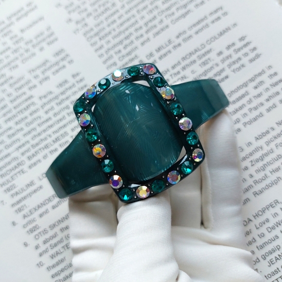 Vintage Barrette Hair Bobby Pin Clip Paris Green Lucite Rhinestones 1990s - Picture 2 of 7